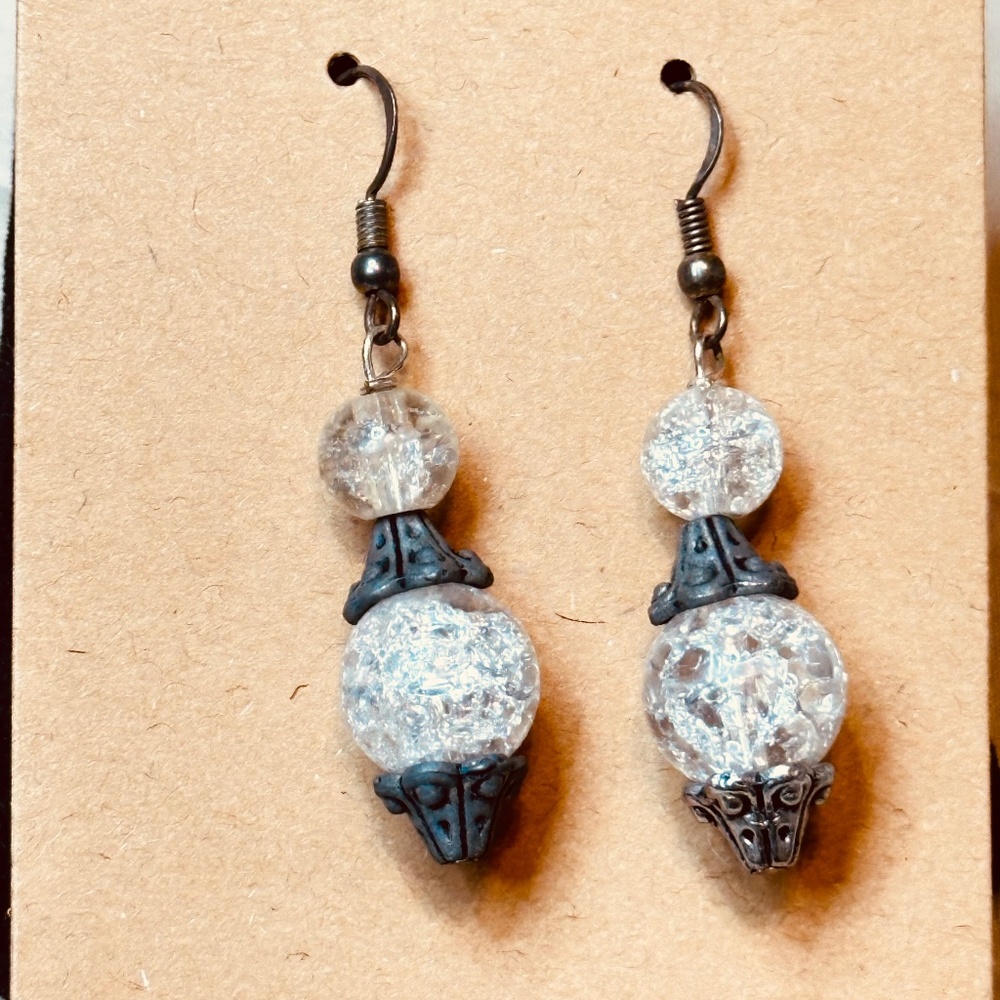 Clear Quartz with Crackle and Metal Dangle Hook Earrings